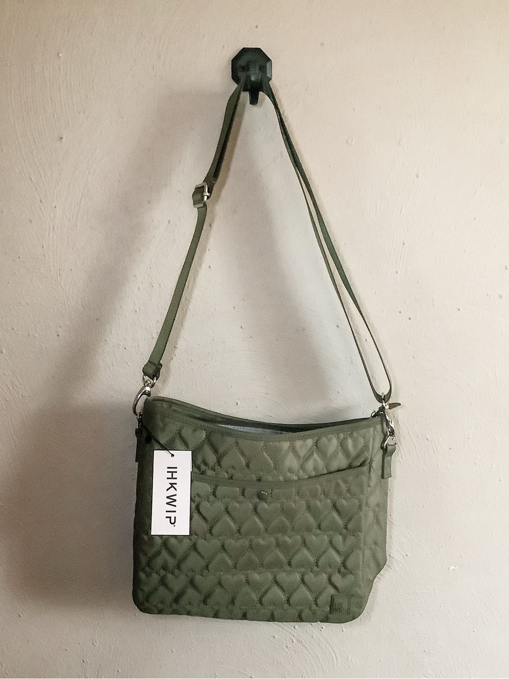 NWT IHKWIP Olive Green More Love Heart Quilted Crossbody Bag